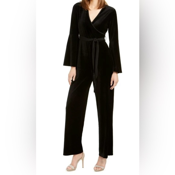 Calvin Klein Black Velvet Faux Wrap Bell Sleeve Wide Leg Jumpsuit Witchy Goth - Picture 1 of 11